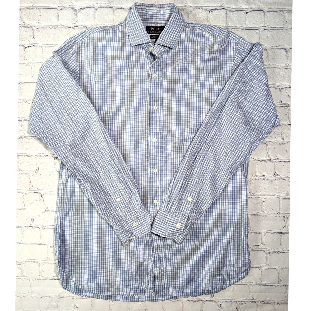 Polo Ralph Lauren Dress Shirt Mens 16 Cotton Stretch Blue Gingham Slim Fit